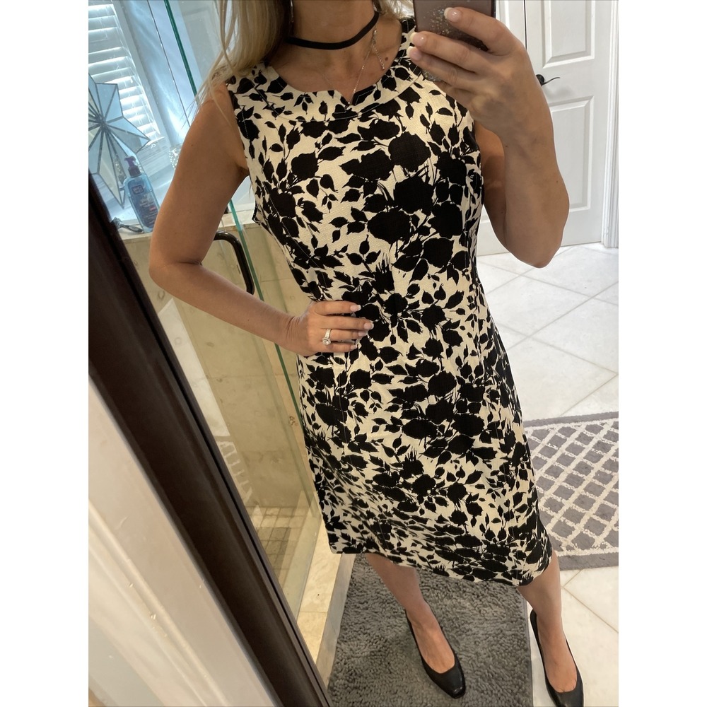 Talbots Floral Shift Dress 10 Black Ivory Sleeveless Cotton Blend Midi NWT